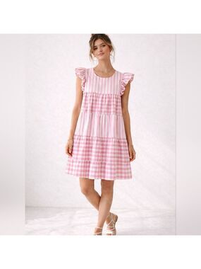 Entro Pink Mixed Stripe Gingham Tiered Flutter Sleeve Dress Small Romantic